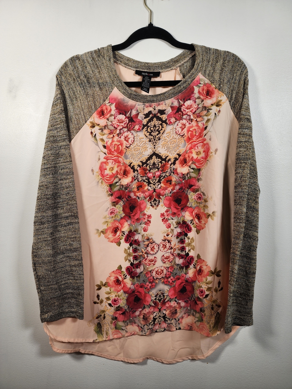 Floral Mixed Media Raglan Long Sleeve Top - Size XL - Picture 2 of 9
